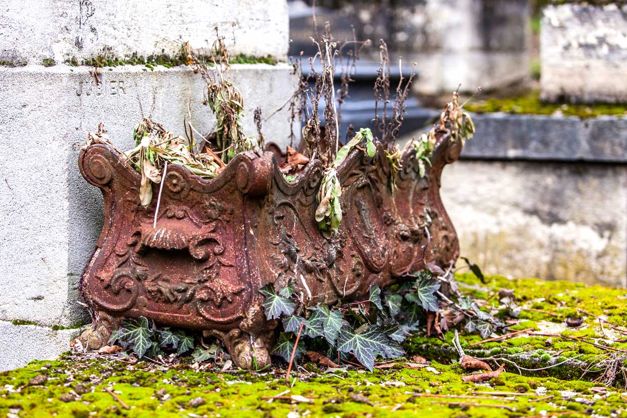 Ein verrosteter Blumenkasten mit trockenen Pflanzen steht auf einem moosbewachsenen Grabstein auf dem Friedhof Père-Lachaise in Paris / © Foto: Georg Berg