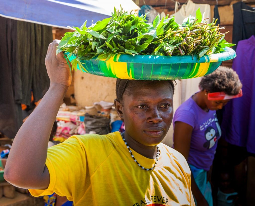 In Sierra Leone sind auch die Blätter der Kartoffel ein wichtiges Nahrungsmittel. Diese Frau bringt ihren Einkauf heim / © Foto: Georg Berg