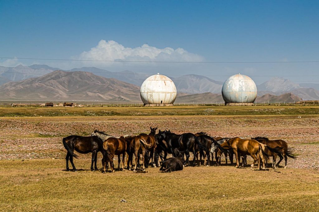 Auf der Hochebene zwischen denen beiden Gebirgen Pamir und Tian Shan grasen kirgisische Pferde vor einer verlassenen sowjetischen Radarstation / © Foto: Georg Berg