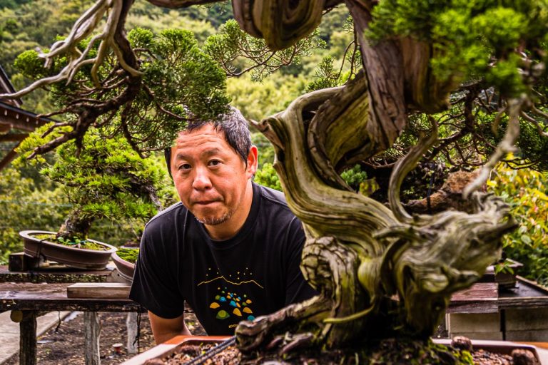 Bonsai-Meister und Garten-Inhaber Toshio Ohsugi im Porträt mit einem 500 Jahre alten Pflegefall. Der Baum wurde den Aufzeichnungen nach um 1920 aus den Bergen von einem Felsen genommen. Seine Wurzeln hatten einen Spalt in den Fels getrieben / © Foto: Georg Berg