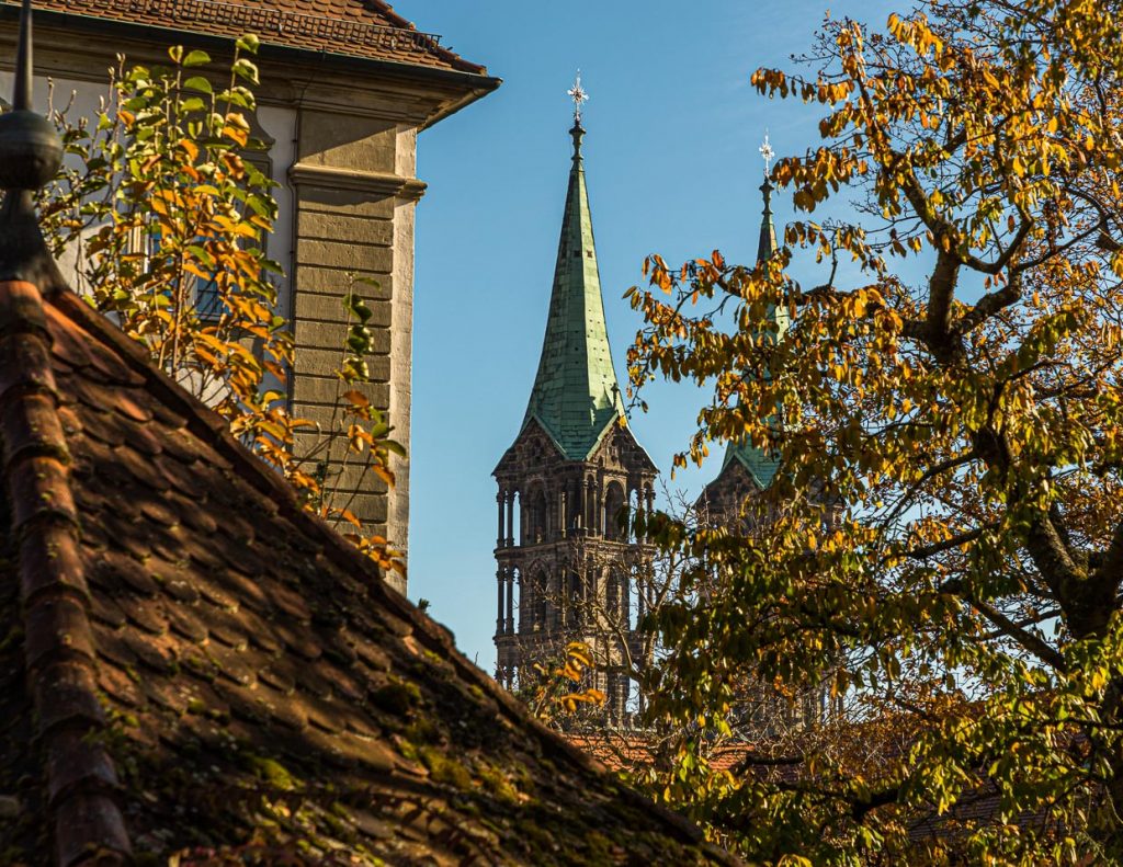 Die Türme des Bamberger Doms St. Peter und St. Georg hinter einem Kastanienbaum und anderen Gebäuden der Bergstadt Bamberg / © Foto: Georg Berg
