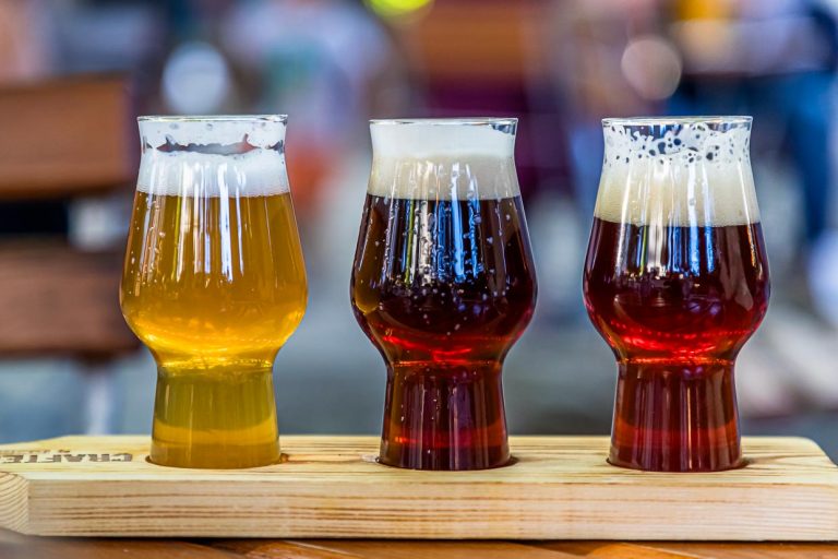 Im Biergarten in Lana verkostet man die Produktpalette der Hausbrauerei Pfefferlechner aus Degustationsgläsern / © Foto: Georg Berg