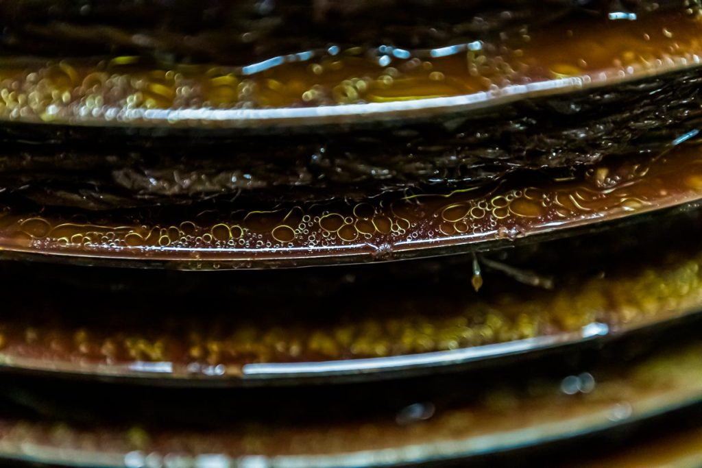 In den traditionellen Ölmühlen sind die Arbeitsschritte auf dem Weg zum Olivenöl noch einsehbar. Hier erkennt man Öl und Fruchtwasser, das aus der Presse herausläuft und aufgefangen wird,  Draguignan, Department Var, Provence, Frankreich / © Foto: Georg Berg