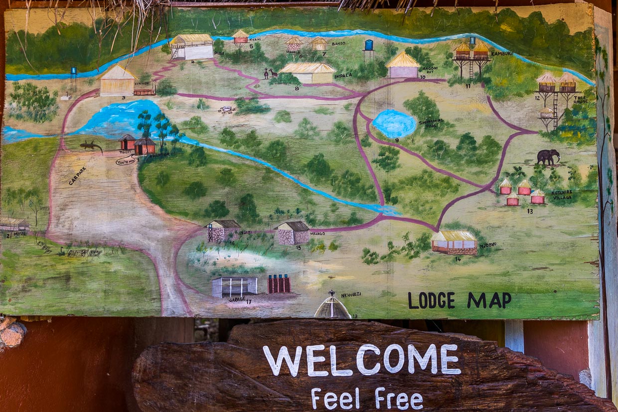 Gezeichneter Lageplan der Kutchire Lodge im Liwonde Nationalpark. Die Öko-Lodge wird mit Solarenergie betrieben und bietet verschieden Unterkunftarten. Darunter ein Campingplatz, Chalets und Baumhäuser / © Foto: Georg Berg