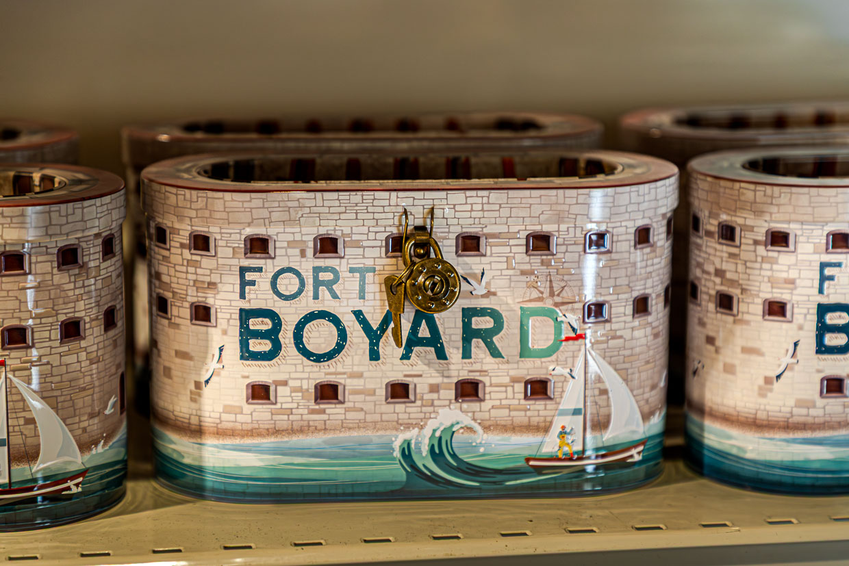 Tin money box in the shape of the famous Fort Boyard, which lies on a sandbank between Île d'Aix and Île d'Oléron. It gained international fame through the adventure game show 