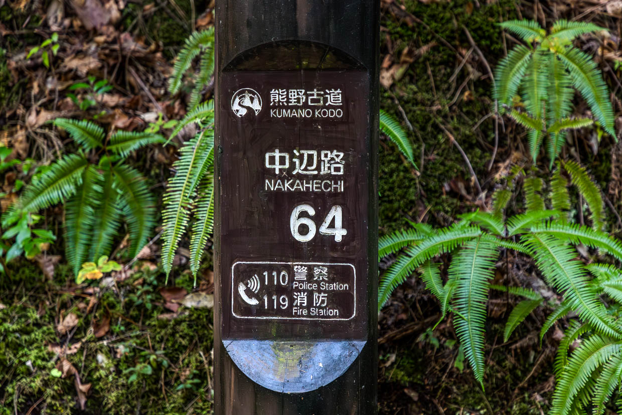 Wegmarke auf dem Kumano Kodo mit Notrufnummern für die PIlger. Die Wegmarken sind durchnummeriert, so dass Wanderer ihren exakten Standort durchgeben können / © Foto: Georg Berg