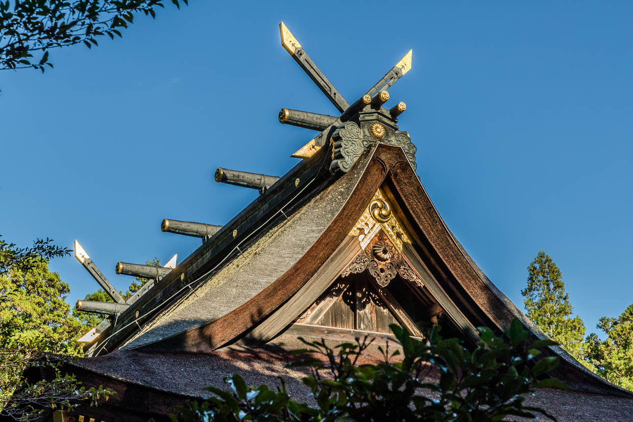 Die dekorativen Hölzer auf dem Dach des Kumano Hongu Taisha: Chigi heißen die spitzen, goldenen Gabeln an den Dachenden. Sie symbolisieren den Übergang zwischen Himmel und Erde sowie die Verbindung zum Göttlichen und „durchstechen den Himmel“. Katsuogi werden die querliegenden  Balken genannt. Sie betonen die majestätische Silhouette und stehen für Reinheit sowie Schutz durch die Kami / © Foto: Georg Berg
