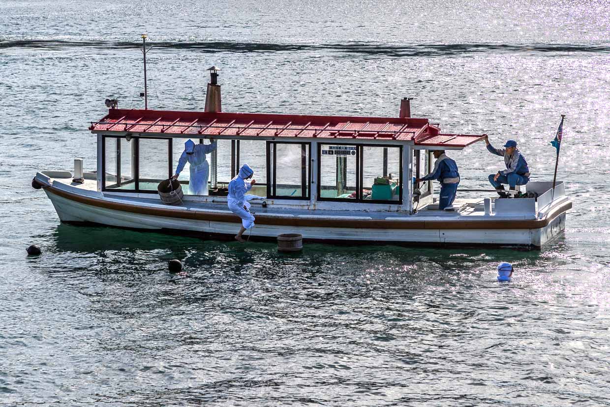 Personen in Schutzanzügen arbeiten auf einem Boot am See Toba, Japan