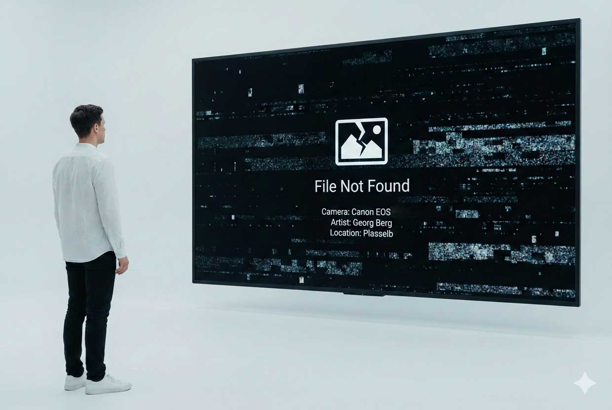 Am Ende ist das Bild verschwunden. Nur noch die Information über das visuelle Original bleibterhalten. Völlig egal ist die schöpferische Leistung des Fotografen [KI-generiert (gemini)]