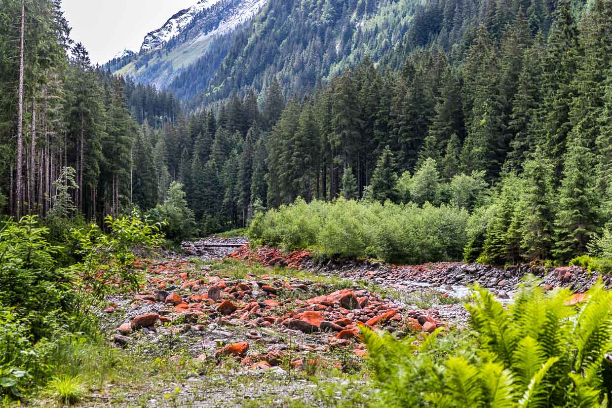 Das Tal zeigt ein Flussbett mit orangefarbenen Felsen und dichte Wälder am Wasserfallrundweg Untersulzbach, Rosental, Austria