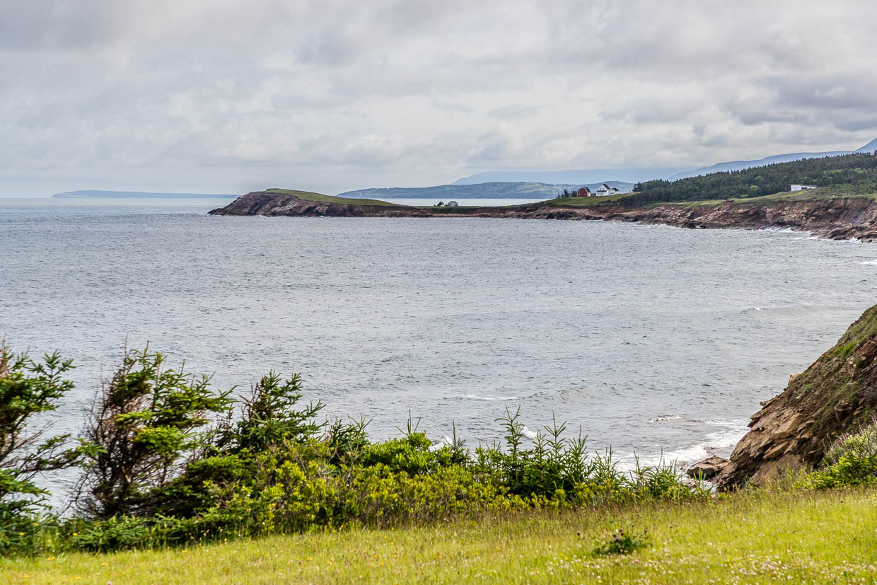 Häuser und grüne Hügel am Meer entlang der Shore Road, Margaree Harbour, Canada